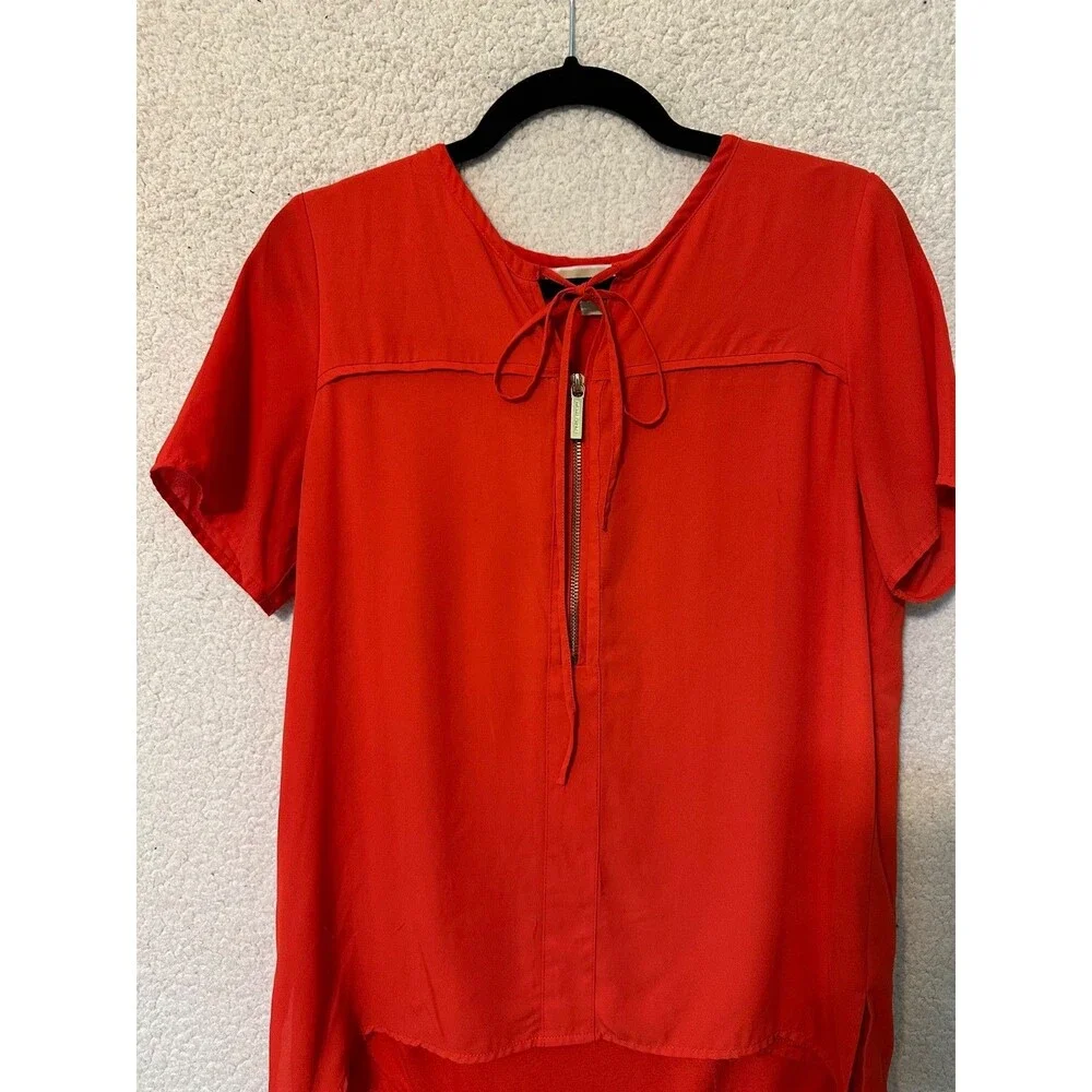 Michael Kors Top Sz 4 Coral‎ Orange Silky Zipper Neckline Lined Shirt Blouse